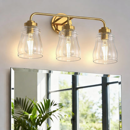 YANSUN 22 in. 3-Light Modern Gold Bell Vanity Light Bathroom Fixture with Clear Glass Shade for Bathroom Mirror or Dressing
