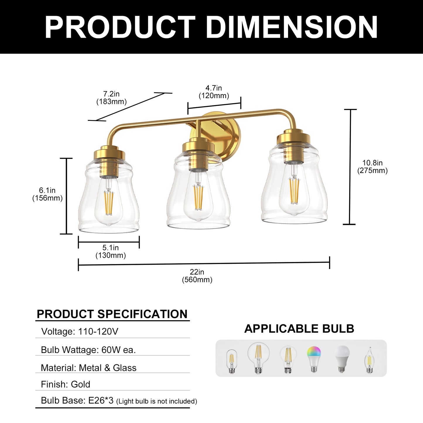 YANSUN 22 in. 3-Light Modern Gold Bell Vanity Light Bathroom Fixture with Clear Glass Shade for Bathroom Mirror or Dressing