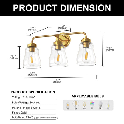 YANSUN 22 in. 3-Light Modern Gold Bell Vanity Light Bathroom Fixture with Clear Glass Shade for Bathroom Mirror or Dressing