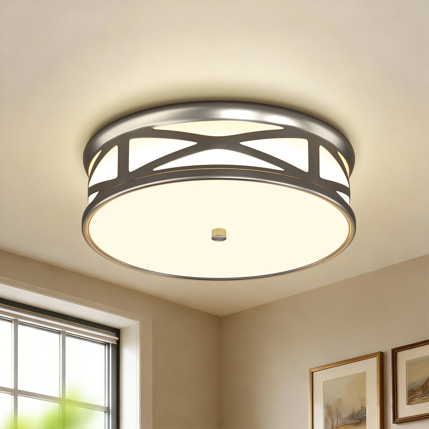YANSUN 3.9 in. Brushed Nickel Dimmable Integrated LED Drum Flush Mount Ceiling Light w/ Milky Glass Shade for Bedroom, Hallway