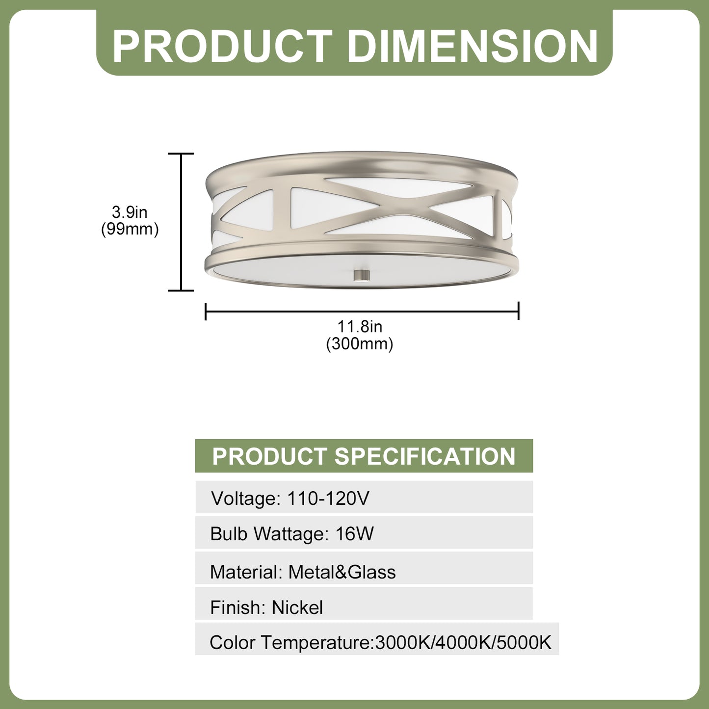 YANSUN 3.9 in. Brushed Nickel Dimmable Integrated LED Drum Flush Mount Ceiling Light w/ Milky Glass Shade for Bedroom, Hallway