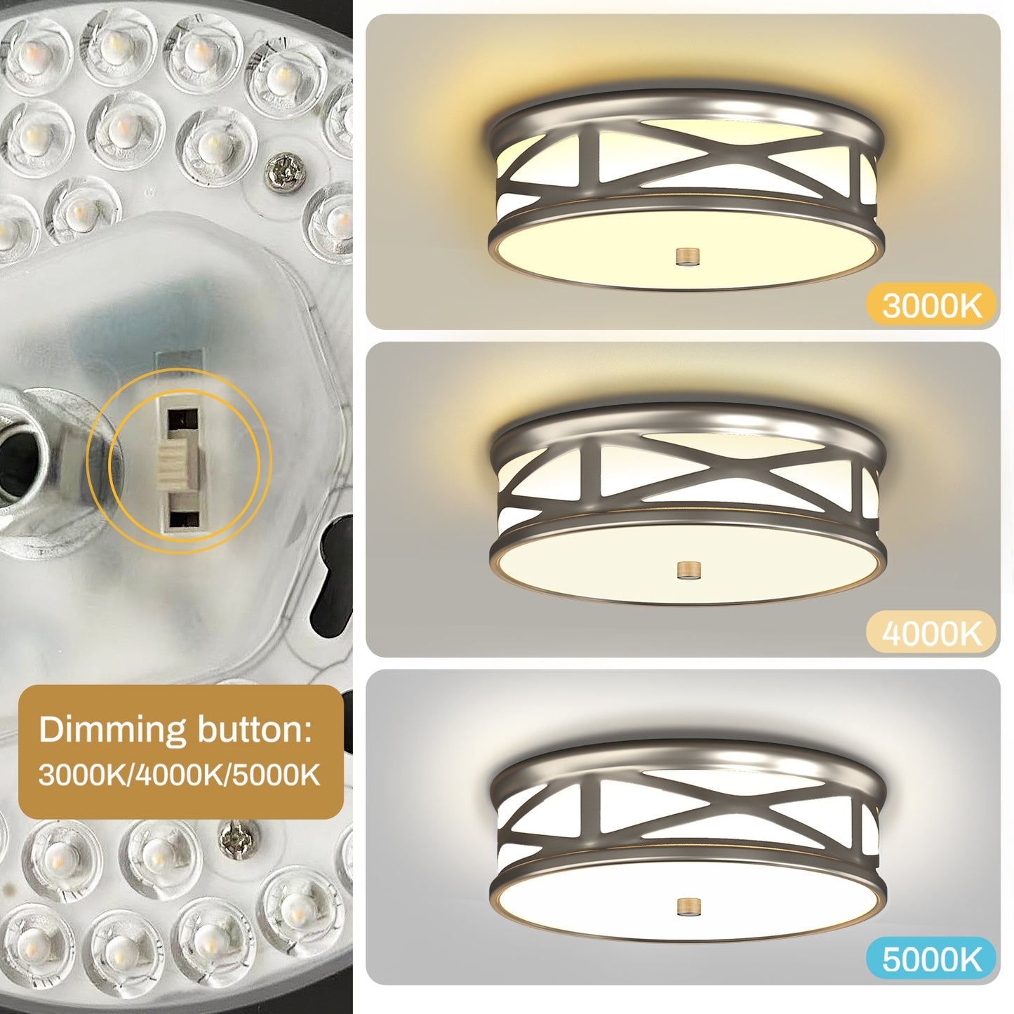 YANSUN 3.9 in. Brushed Nickel Dimmable Integrated LED Drum Flush Mount Ceiling Light w/ Milky Glass Shade for Bedroom, Hallway
