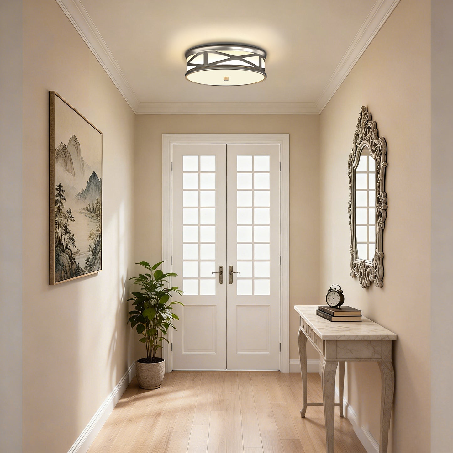 YANSUN 3.9 in. Brushed Nickel Dimmable Integrated LED Drum Flush Mount Ceiling Light w/ Milky Glass Shade for Bedroom, Hallway
