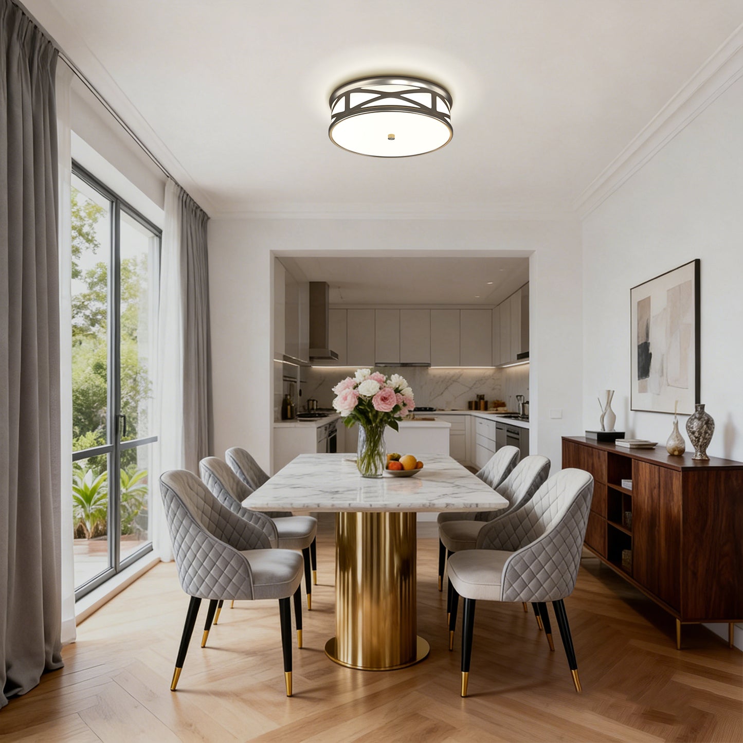 YANSUN 3.9 in. Brushed Nickel Dimmable Integrated LED Drum Flush Mount Ceiling Light w/ Milky Glass Shade for Bedroom, Hallway