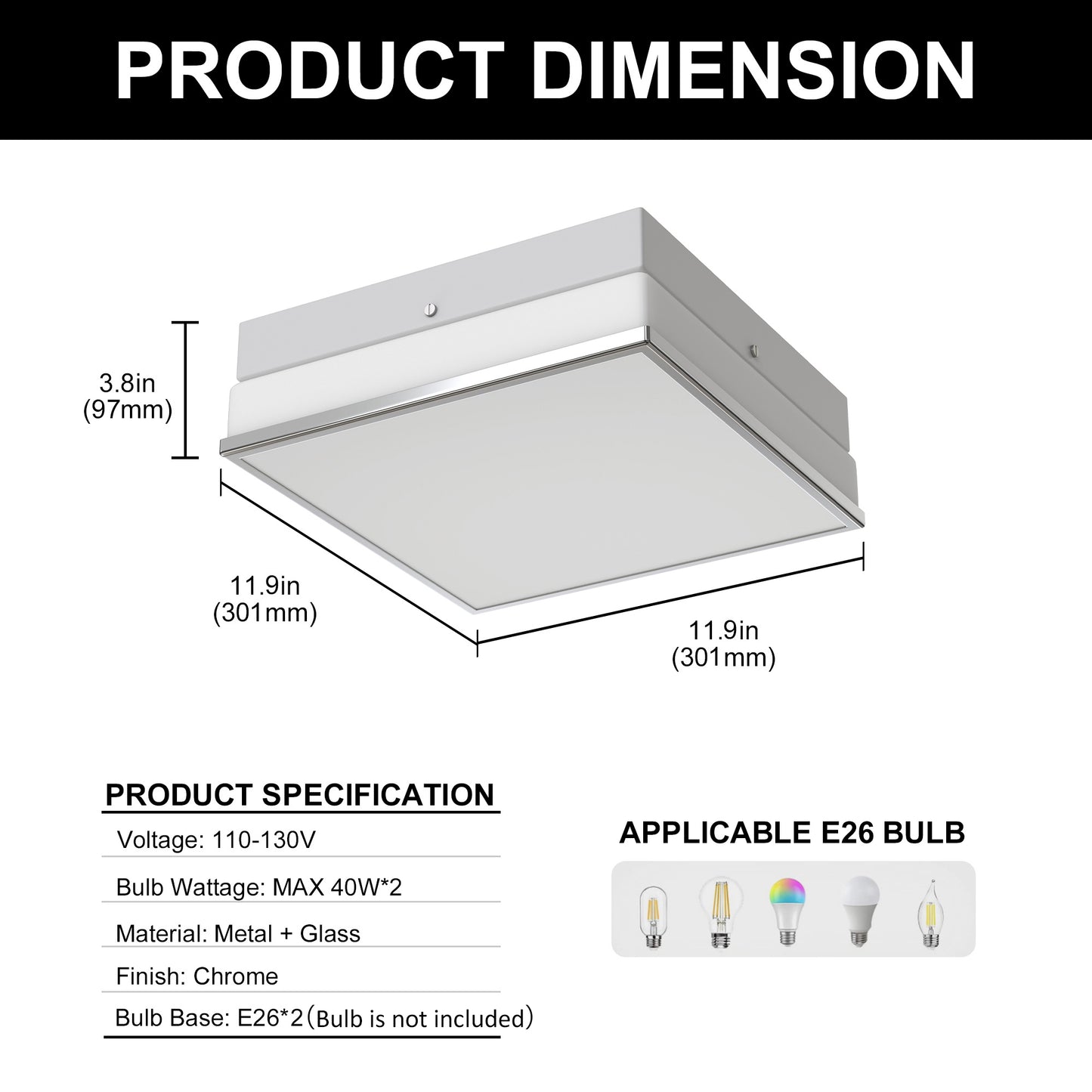 YANSUN 2-Light Square Ceiling Light, Chrome Finish Flush Mount, E26 Socket, Glass Shade, Modern Ceiling Fixture for Bedroom Hallway