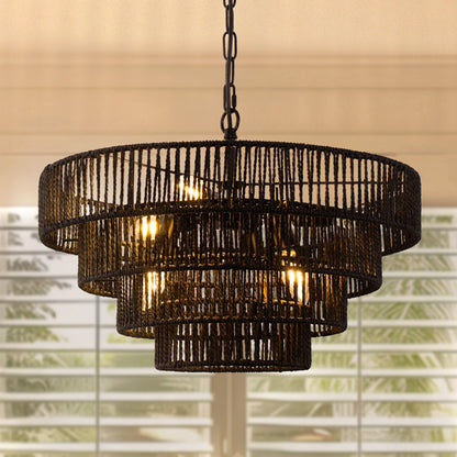 20 in. Bohemian 6-Light Black Rattan Chandelier, Vintage Farmhouse Pendant Light for Dining and Living Rooms