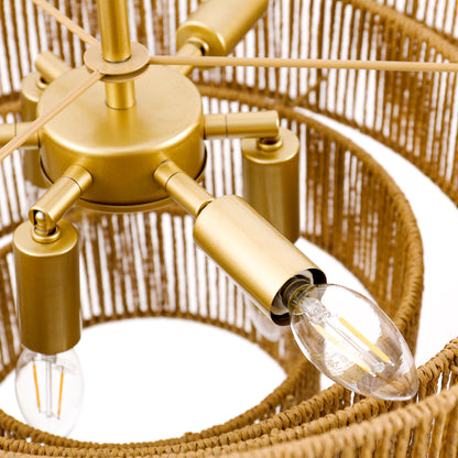 20in. 6-Light Hand Woven Rattan Pendant Light, Boho Brown Large Farmhouse Chandelier 4-Tier Rattan Shade for Living Room