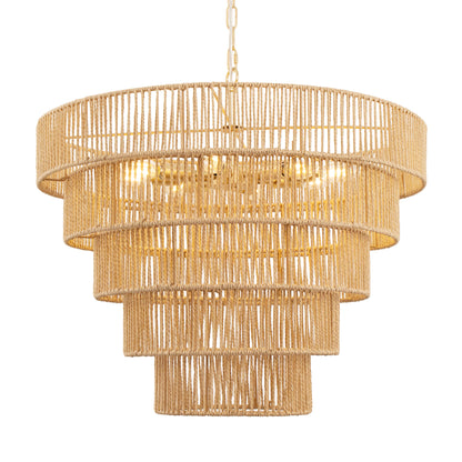 26 in. 8-Light Boho Brown Rattan Pendant, Affordable Brass E12 Chandelier