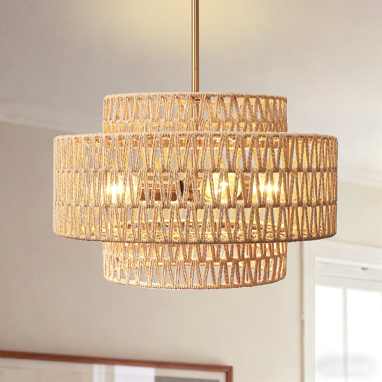 YANSUN 4-Light Traditional Chandelier with V-Shaped Woven Paper Shades, Copper and Brown Finish, E26 Bulbs Not Included