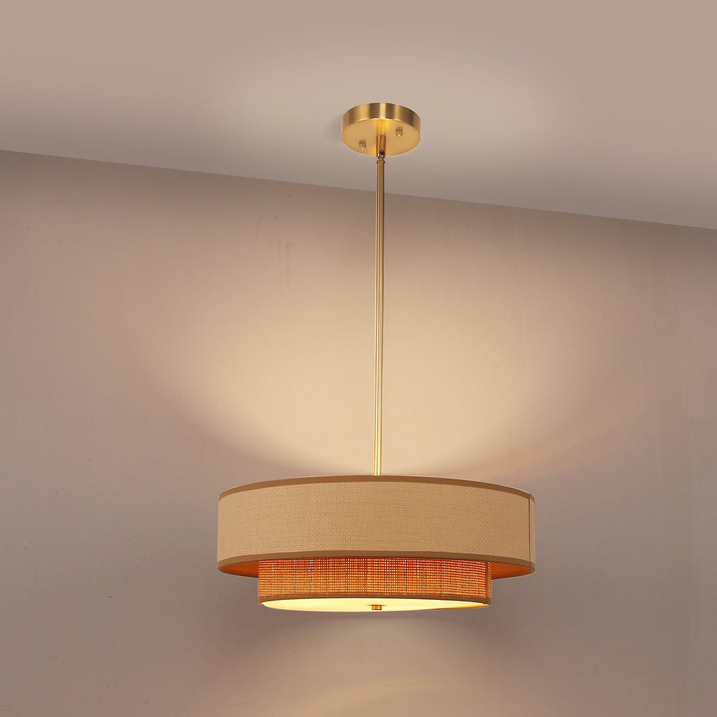 17.7 in 3 Light Farmhouse Natural Copper Drum Chandelier with Rattan Shades, No Bulbs Included for Kitchen Island