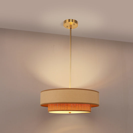 17.7 in 3 Light Farmhouse Natural Copper Drum Chandelier with Rattan Shades, No Bulbs Included for Kitchen Island