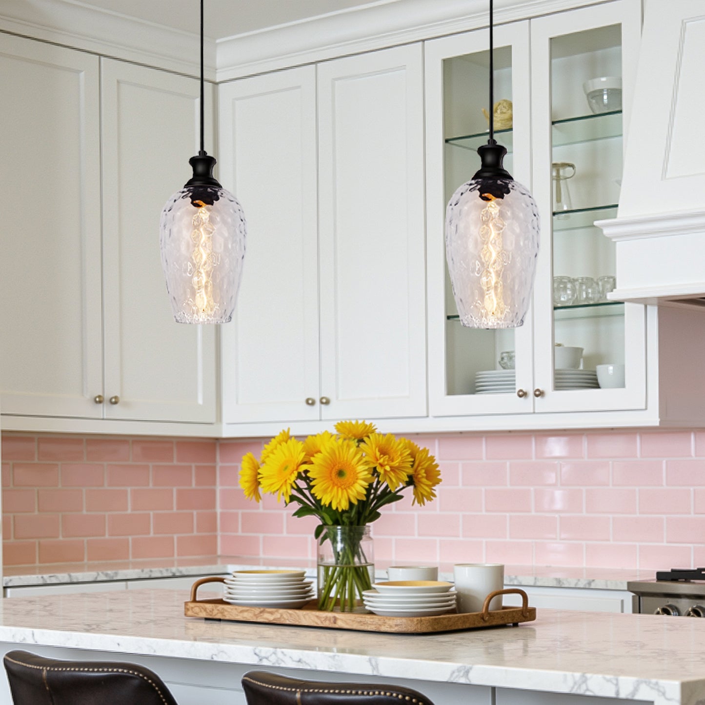 YANSUN 70.3 in 1-Light Matte Black Traditional Indoor Pendant Light with Goblet Water Ripple Glass Shade and No Bulb Included