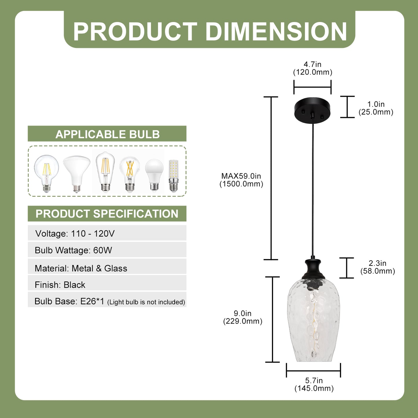 YANSUN 70.3 in 1-Light Matte Black Traditional Indoor Pendant Light with Goblet Water Ripple Glass Shade and No Bulb Included