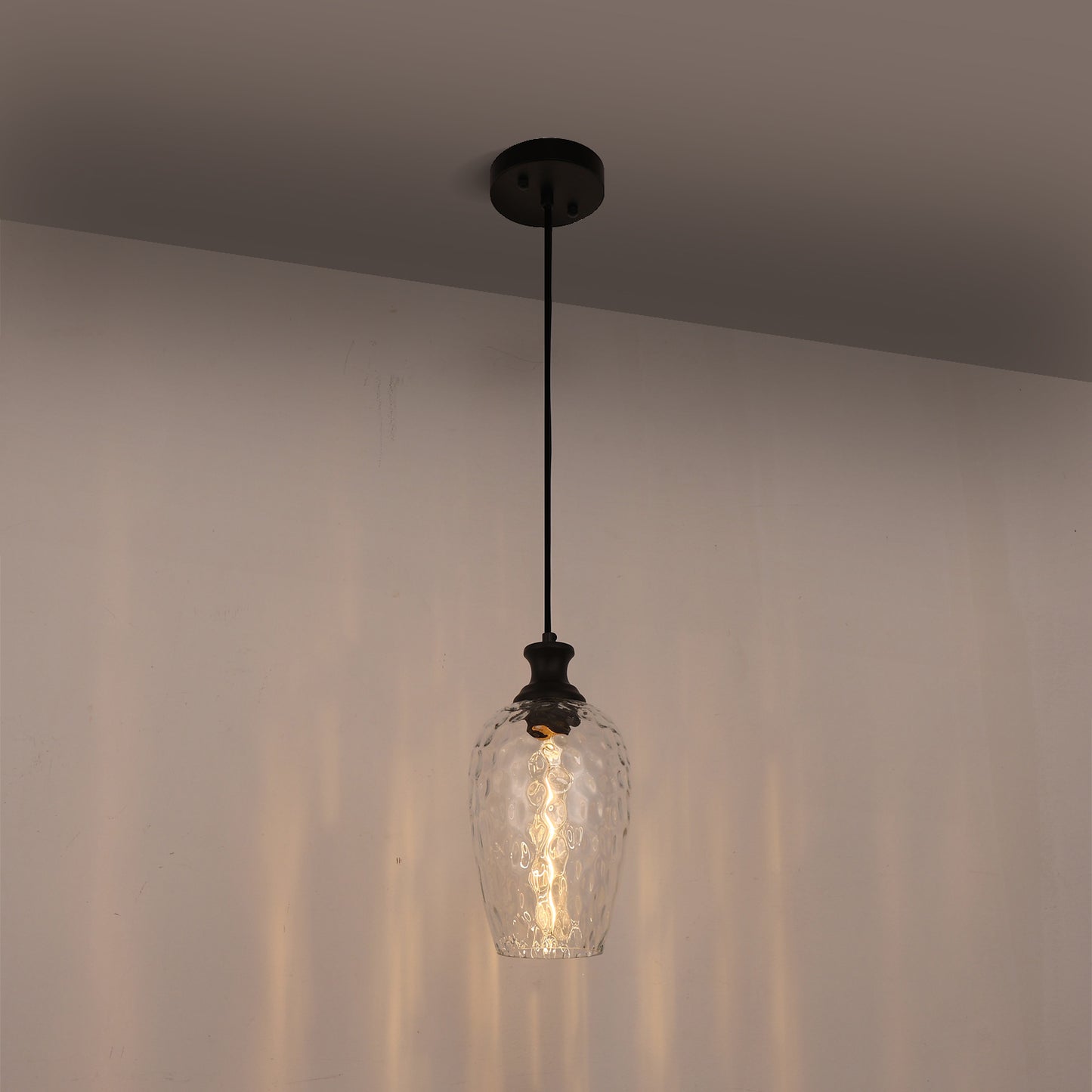 YANSUN 70.3 in 1-Light Matte Black Traditional Indoor Pendant Light with Goblet Water Ripple Glass Shade and No Bulb Included