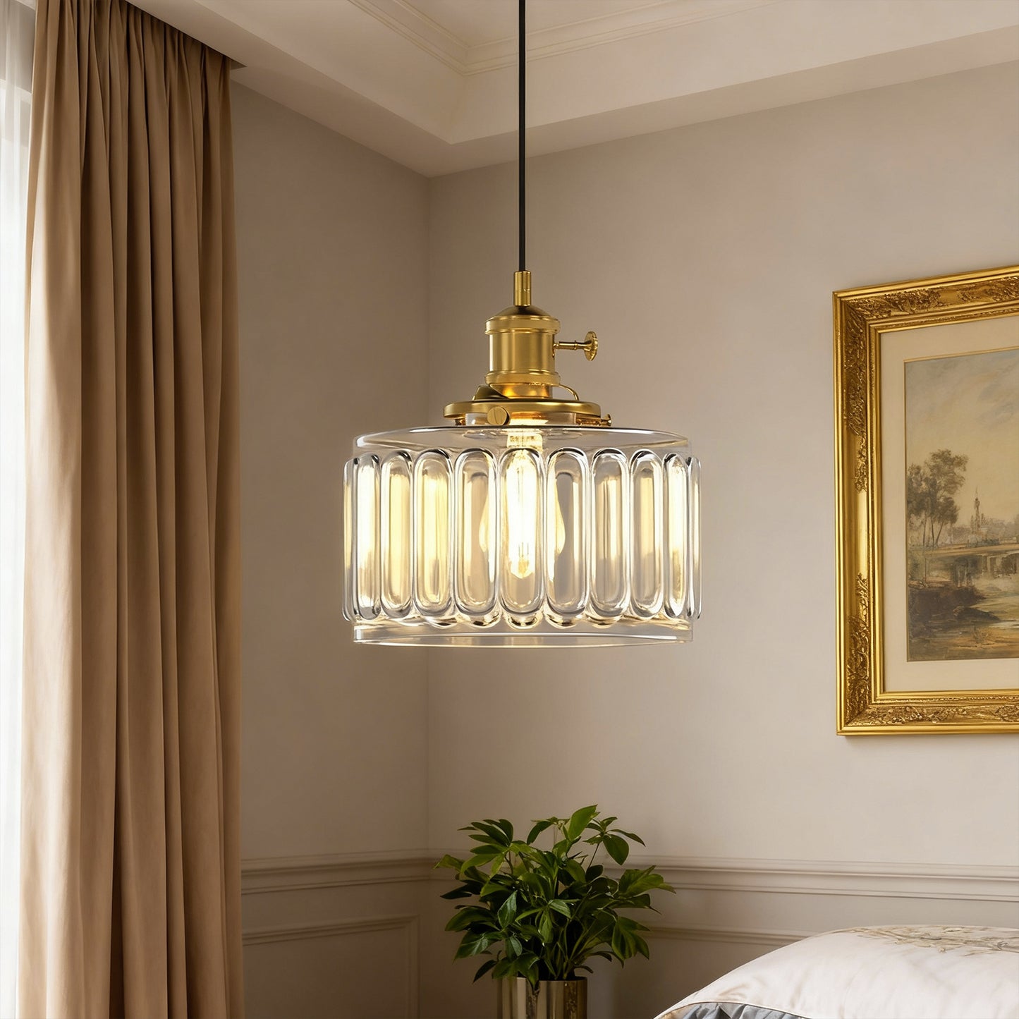 YANSUN 59 in. 1-Light Brass Finish Traditional Indoor Pendant Light with Clear Striped Glass Shade and No Bulb Included