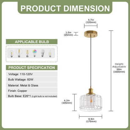 YANSUN 59 in. 1-Light Brass Finish Traditional Indoor Pendant Light with Clear Striped Glass Shade and No Bulb Included