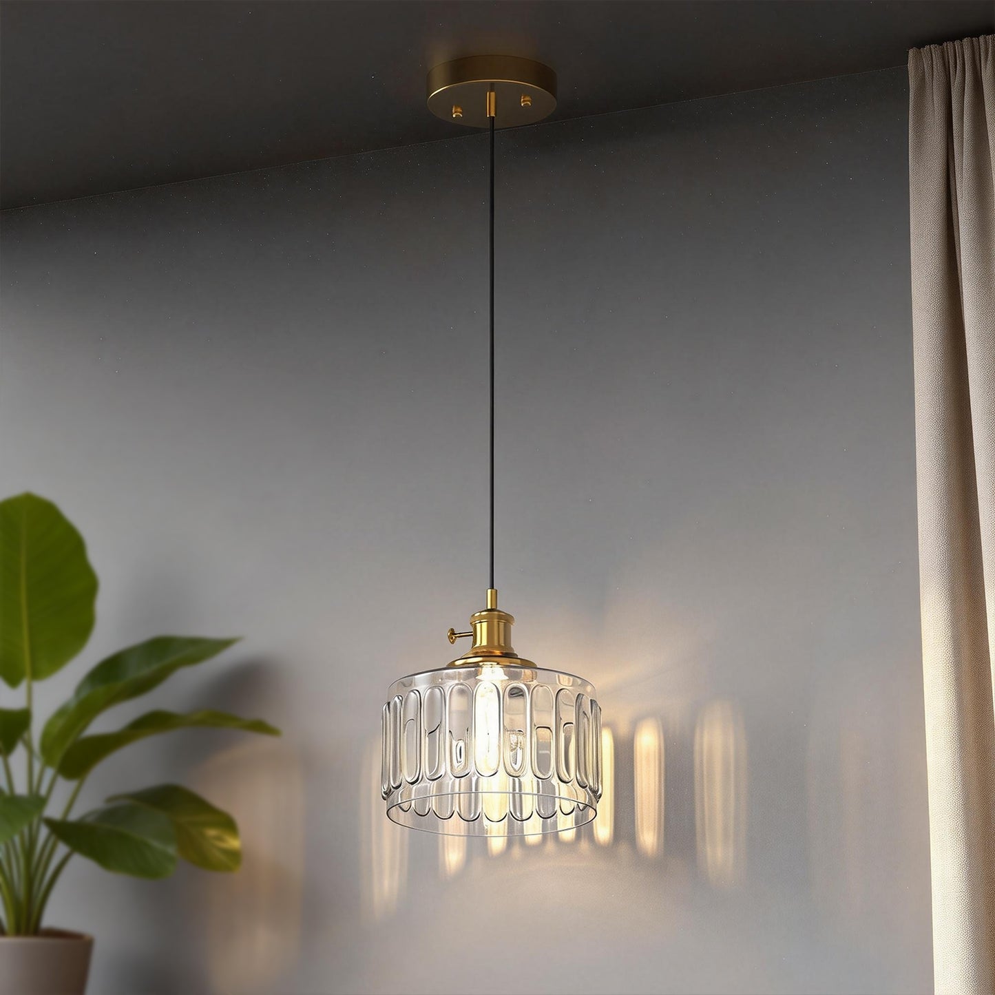YANSUN 59 in. 1-Light Brass Finish Traditional Indoor Pendant Light with Clear Striped Glass Shade and No Bulb Included