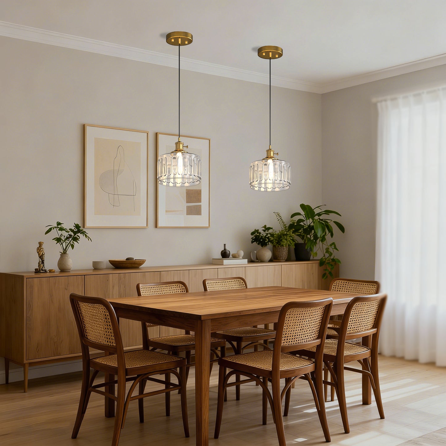 YANSUN 59 in. 1-Light Brass Finish Traditional Indoor Pendant Light with Clear Striped Glass Shade and No Bulb Included