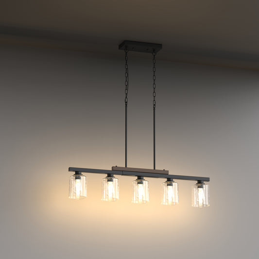 5-Light Island Pendant Light with Wood Grain Accents and Cylindrical Bubble Glass Shades in Matte Black Finish