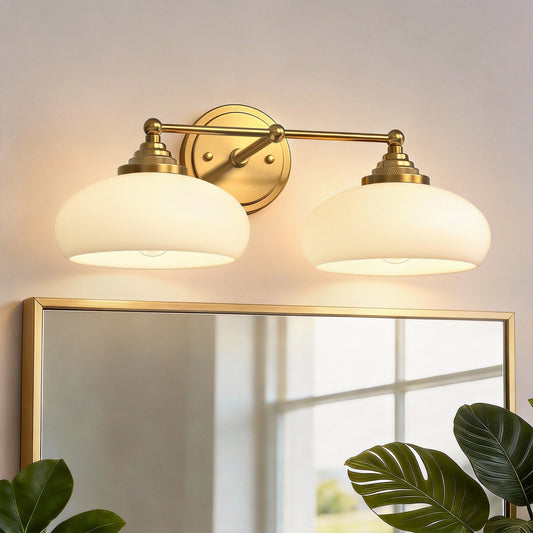 YANSUN 18in 2-Light Bathroom Vanity Light with White Bowl Glass Shades, Non-Included E26 Bulbs, Copper Metal Frame