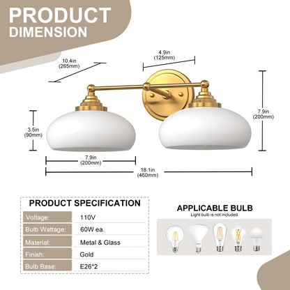 YANSUN 18in 2-Light Bathroom Vanity Light with White Bowl Glass Shades, Non-Included E26 Bulbs, Copper Metal Frame