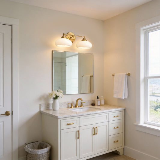 YANSUN 18in 2-Light Bathroom Vanity Light with White Bowl Glass Shades, Non-Included E26 Bulbs, Copper Metal Frame