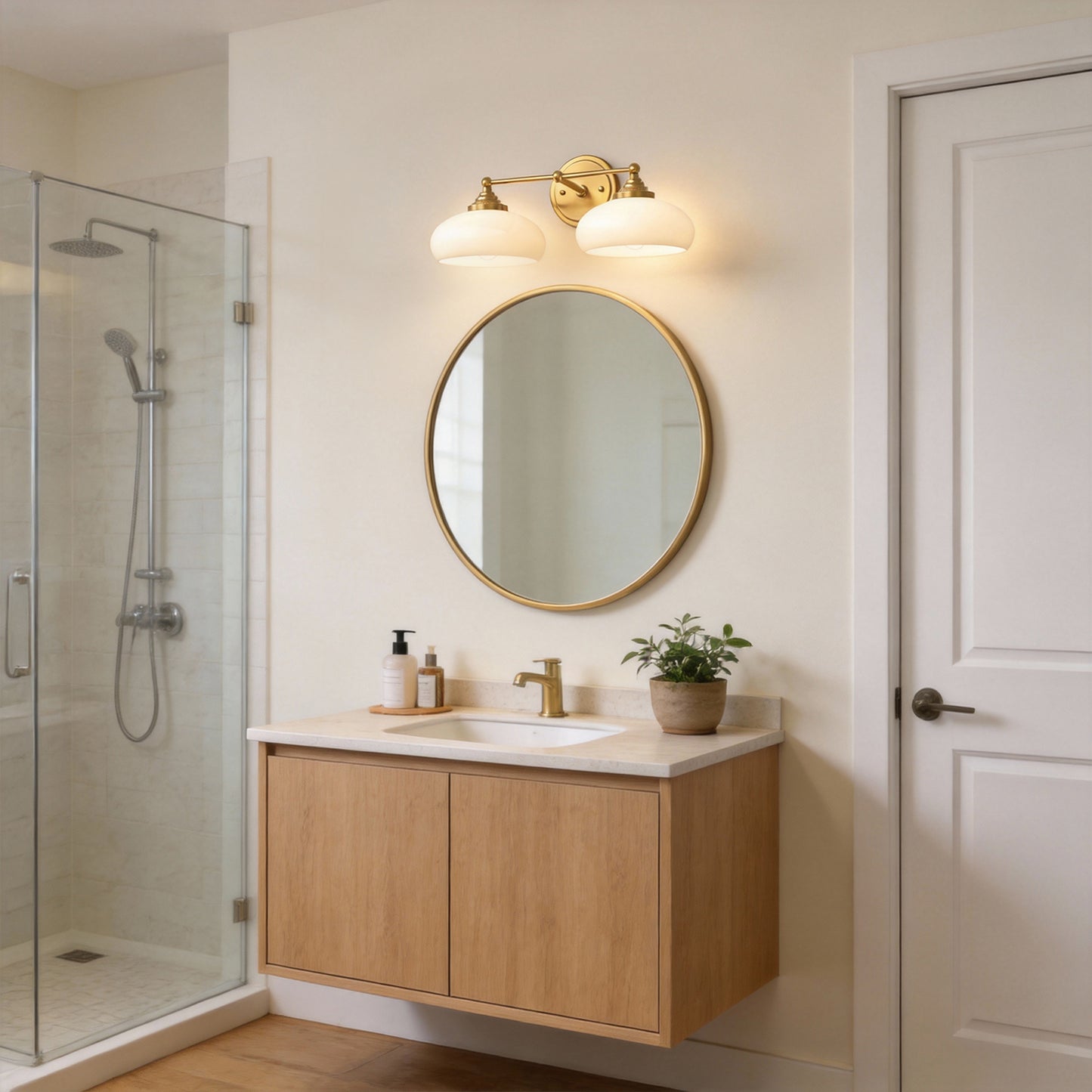 YANSUN 18in 2-Light Bathroom Vanity Light with White Bowl Glass Shades, Non-Included E26 Bulbs, Copper Metal Frame