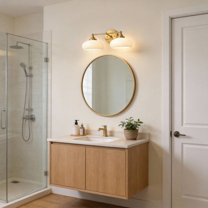 YANSUN 18in 2-Light Bathroom Vanity Light with White Bowl Glass Shades, Non-Included E26 Bulbs, Copper Metal Frame