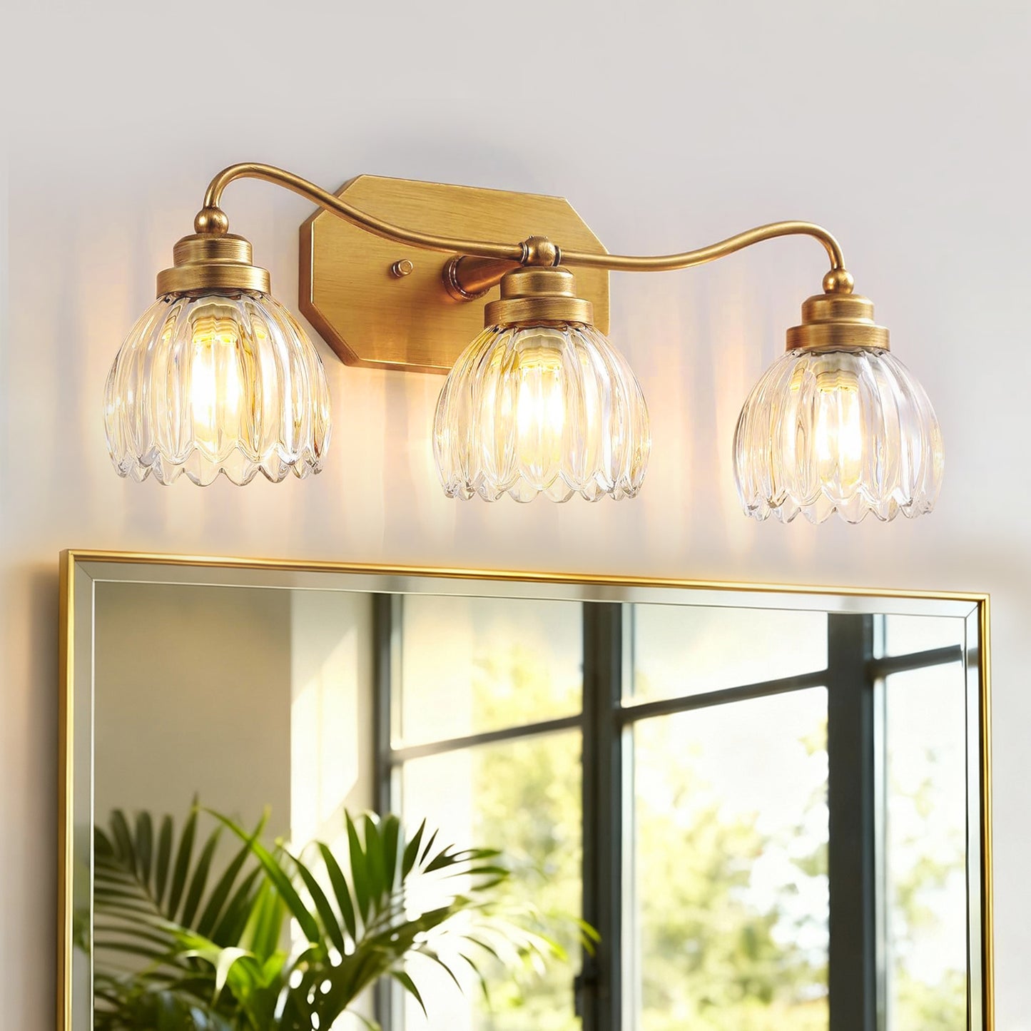 YANSUN 21.3in 3-Light Bathroom Vanity Light with Tulip Glass Shades, Curved Rod Copper Metal Finish, E26 Base