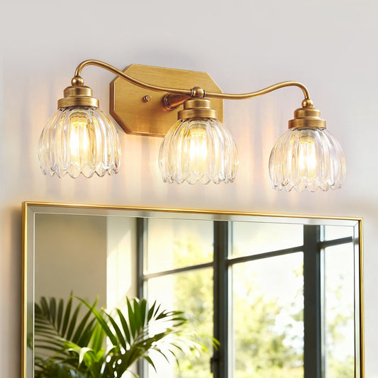 YANSUN 21.3in 3-Light Bathroom Vanity Light with Tulip Glass Shades, Curved Rod Copper Metal Finish, E26 Base