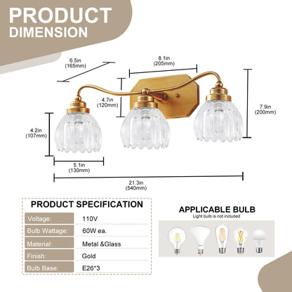YANSUN 21.3in 3-Light Bathroom Vanity Light with Tulip Glass Shades, Curved Rod Copper Metal Finish, E26 Base