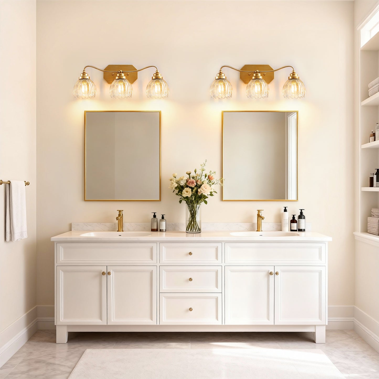 YANSUN 21.3in 3-Light Bathroom Vanity Light with Tulip Glass Shades, Curved Rod Copper Metal Finish, E26 Base