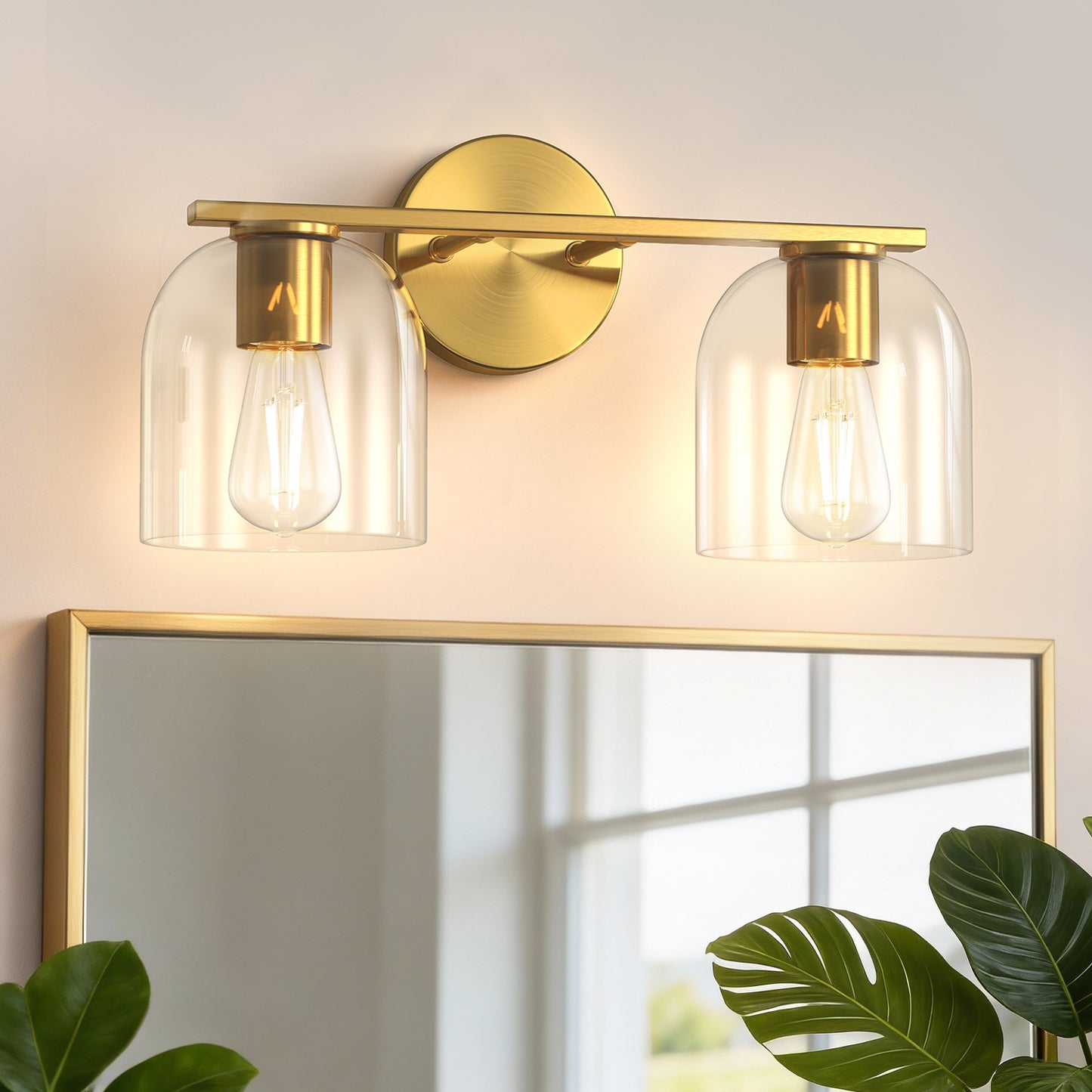 YANSUN 2-Light Bathroom Vanity Light with Clear Cylindrical Glass Shade, Copper Metal Finish, E26 Base, 14.2in