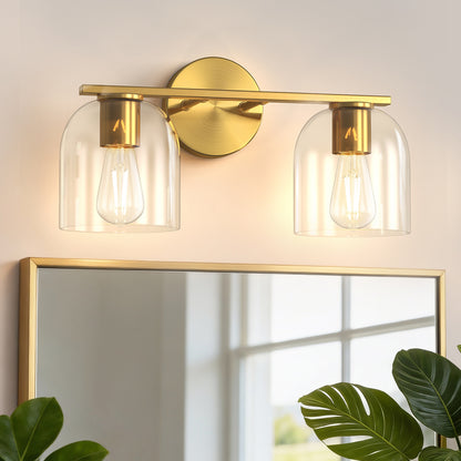YANSUN 2-Light Bathroom Vanity Light with Clear Cylindrical Glass Shade, Copper Metal Finish, E26 Base, 14.2in