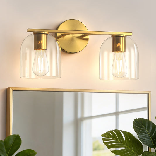 YANSUN 2-Light Bathroom Vanity Light with Clear Cylindrical Glass Shade, Copper Metal Finish, E26 Base, 14.2in