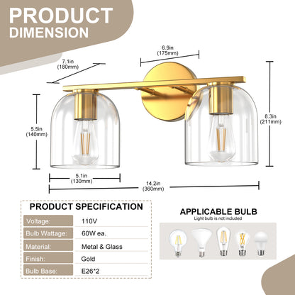YANSUN 2-Light Bathroom Vanity Light with Clear Cylindrical Glass Shade, Copper Metal Finish, E26 Base, 14.2in