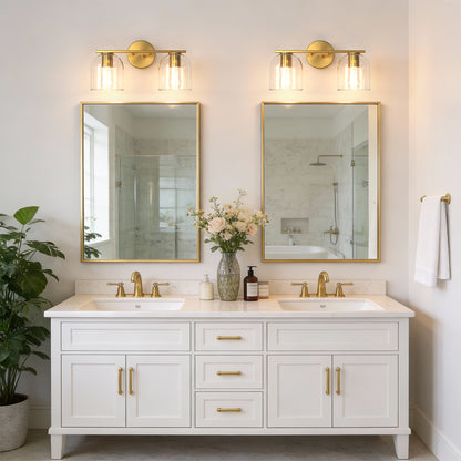 YANSUN 2-Light Bathroom Vanity Light with Clear Cylindrical Glass Shade, Copper Metal Finish, E26 Base, 14.2in