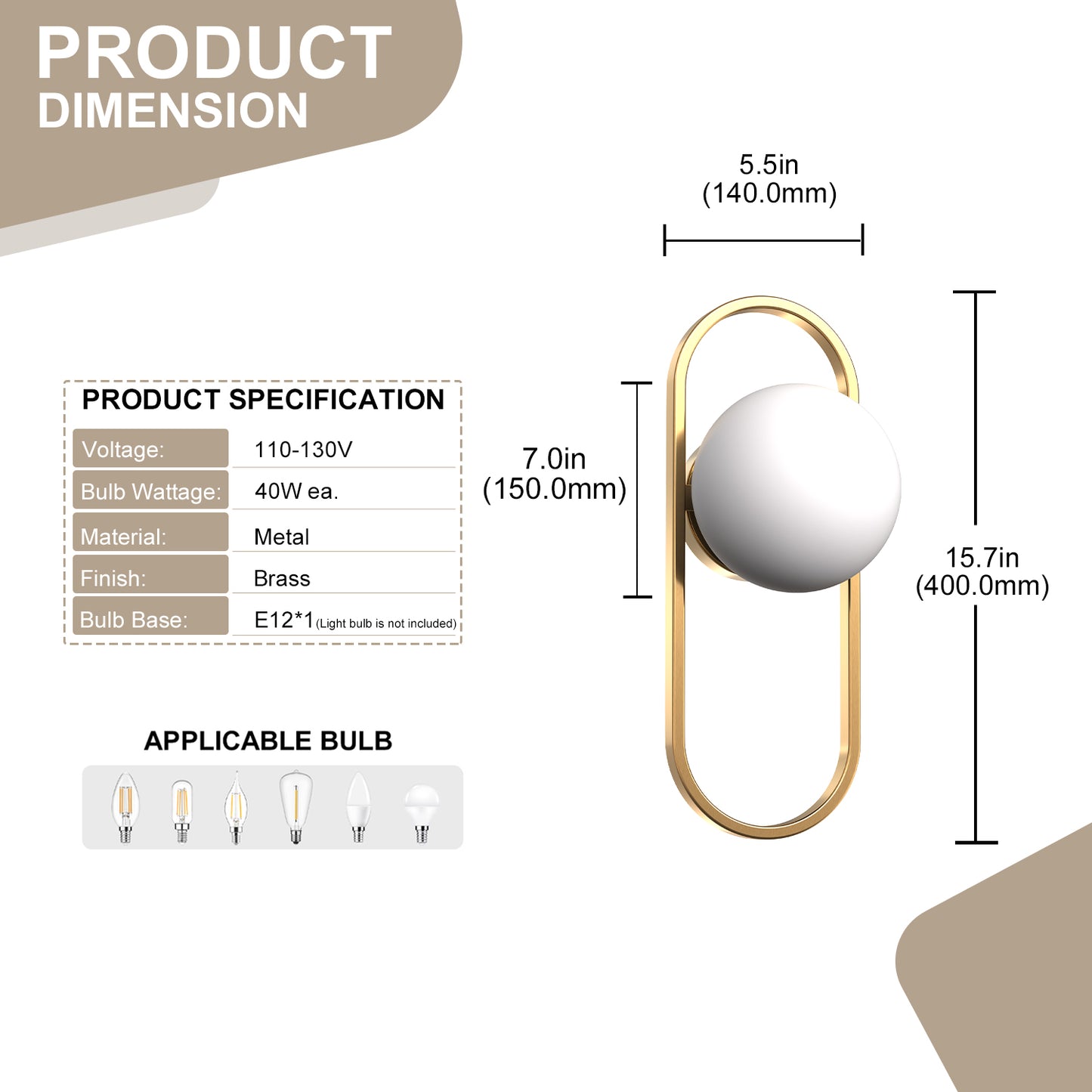 YANSUN 2-Pack 15.7in Wall Sconce with Opal Glass Globe, Copper-Finished Metal Frame, E12 Base, Indoor Lighting