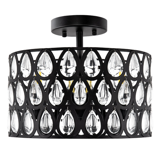 YANSUN 3-Light Matte Black Semi-Flush Mount Ceiling Light with Teardrop Crystal Accents, E12 Base