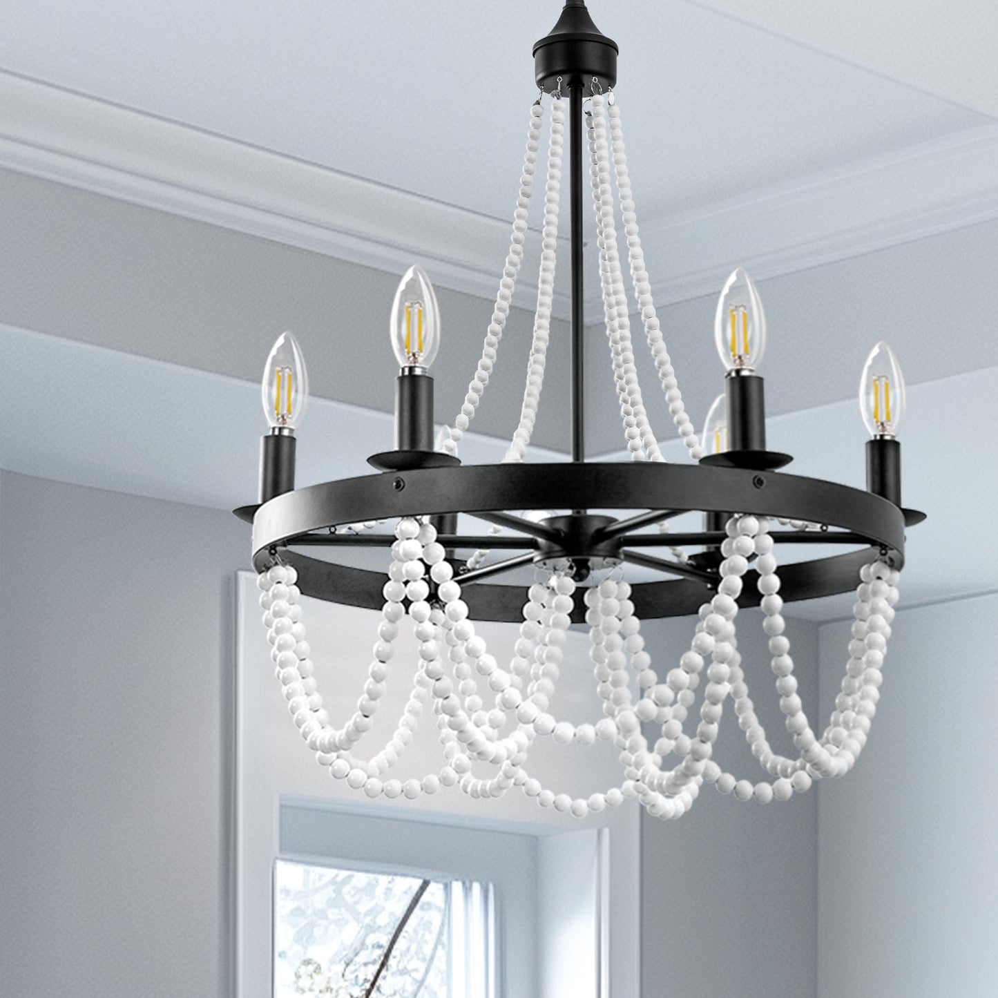 YANSUN 6-Light Black and White No Decorative Accents Candle Empire Chandelier for Dining Room with No Bulbs Included