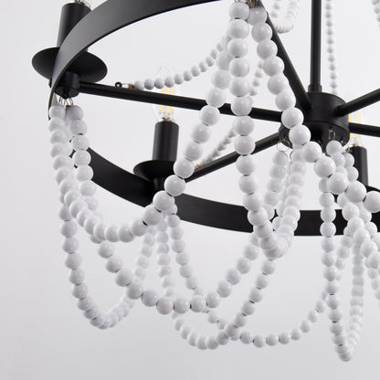 6-Light Matte Black Chandelier with White Wood Beads for Dining Rooms and Entryways