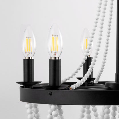 6-Light Matte Black Chandelier with White Wood Beads for Dining Rooms and Entryways