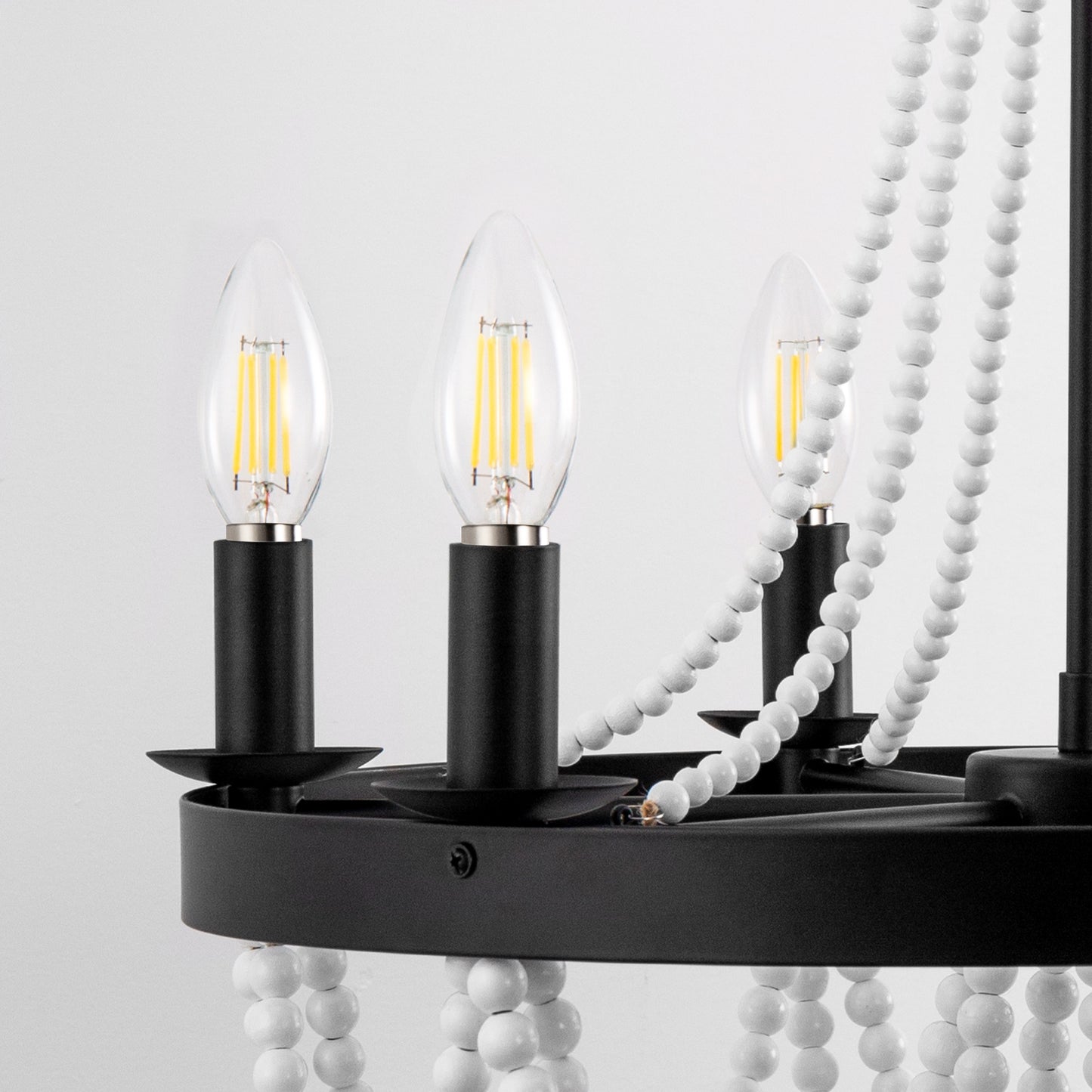 YANSUN 6-Light Farmhouse Beaded Chandelier Matte Black Ceiling Light with White Wood Beads E12 Hanging Fixture for Dining Room Living Room Bedroom