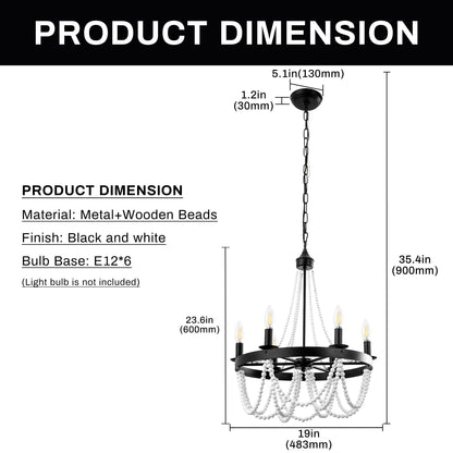 6-Light Matte Black Chandelier with White Wood Beads for Dining Rooms and Entryways