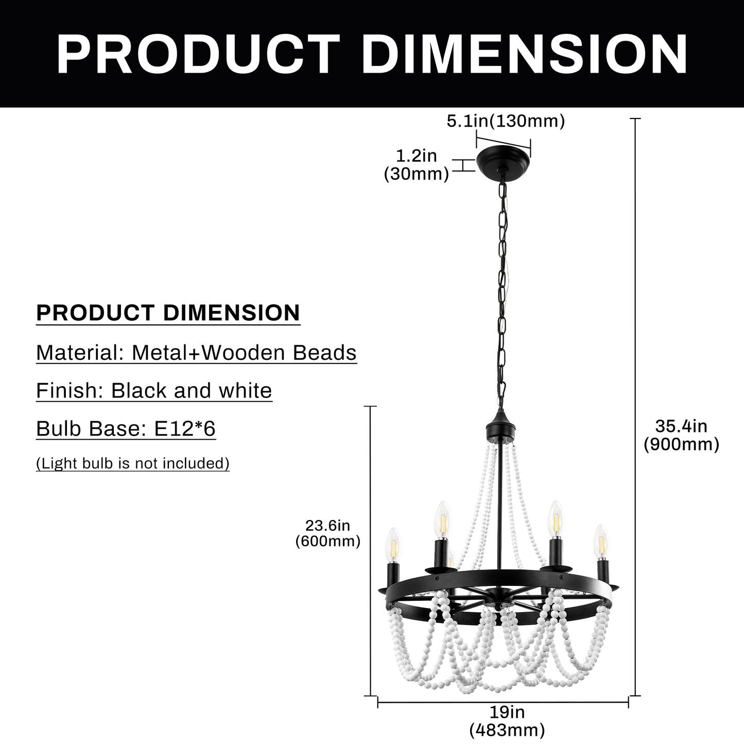 YANSUN 6-Light Black and White No Decorative Accents Candle Empire Chandelier for Dining Room with No Bulbs Included