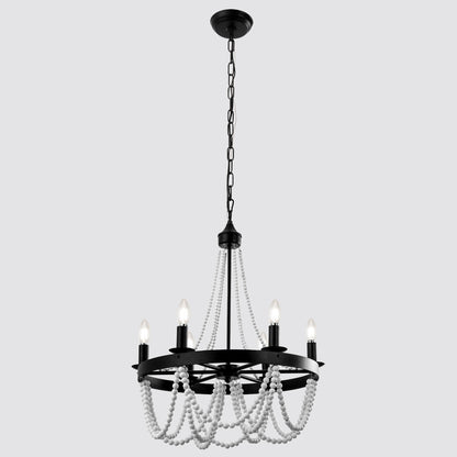 6-Light Matte Black Chandelier with White Wood Beads for Dining Rooms and Entryways