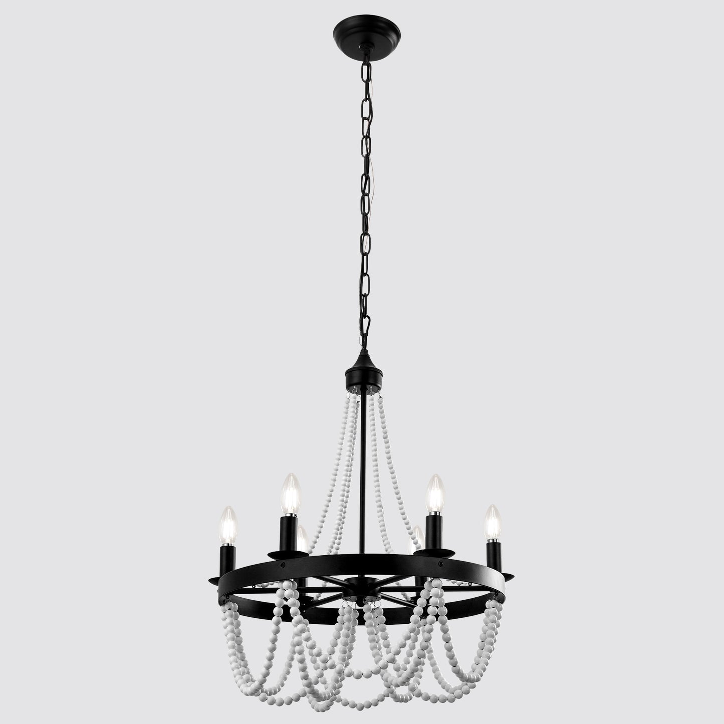 YANSUN 6-Light Farmhouse Beaded Chandelier Matte Black Ceiling Light with White Wood Beads E12 Hanging Fixture for Dining Room Living Room Bedroom