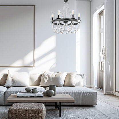 6-Light Matte Black Chandelier with White Wood Beads for Dining Rooms and Entryways