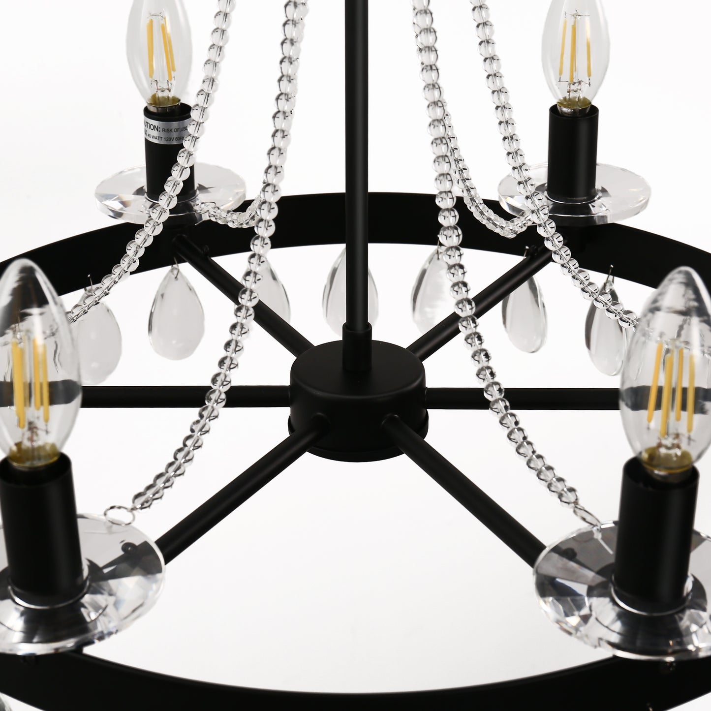 YANSUN 6-Light Black Chandelier with Crystal Bead Hanging Ceiling FixtureRustic Vintage Candle Style Industrial Ceiling Light
