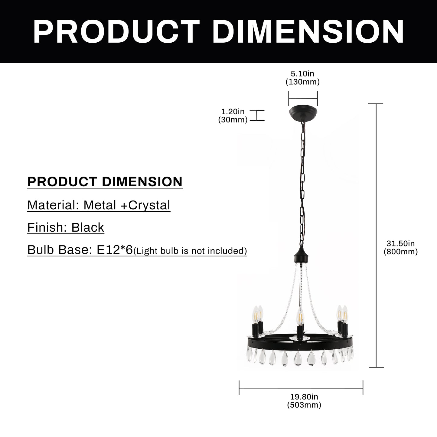 YANSUN 6-Light Black Chandelier with Crystal Bead Hanging Ceiling FixtureRustic Vintage Candle Style Industrial Ceiling Light